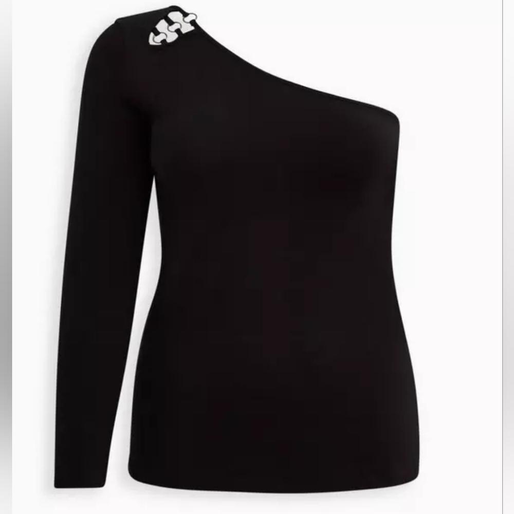 Torrid One Shoulder Sweater - Foxy  Black One-Shoulder Top with Silver Accent